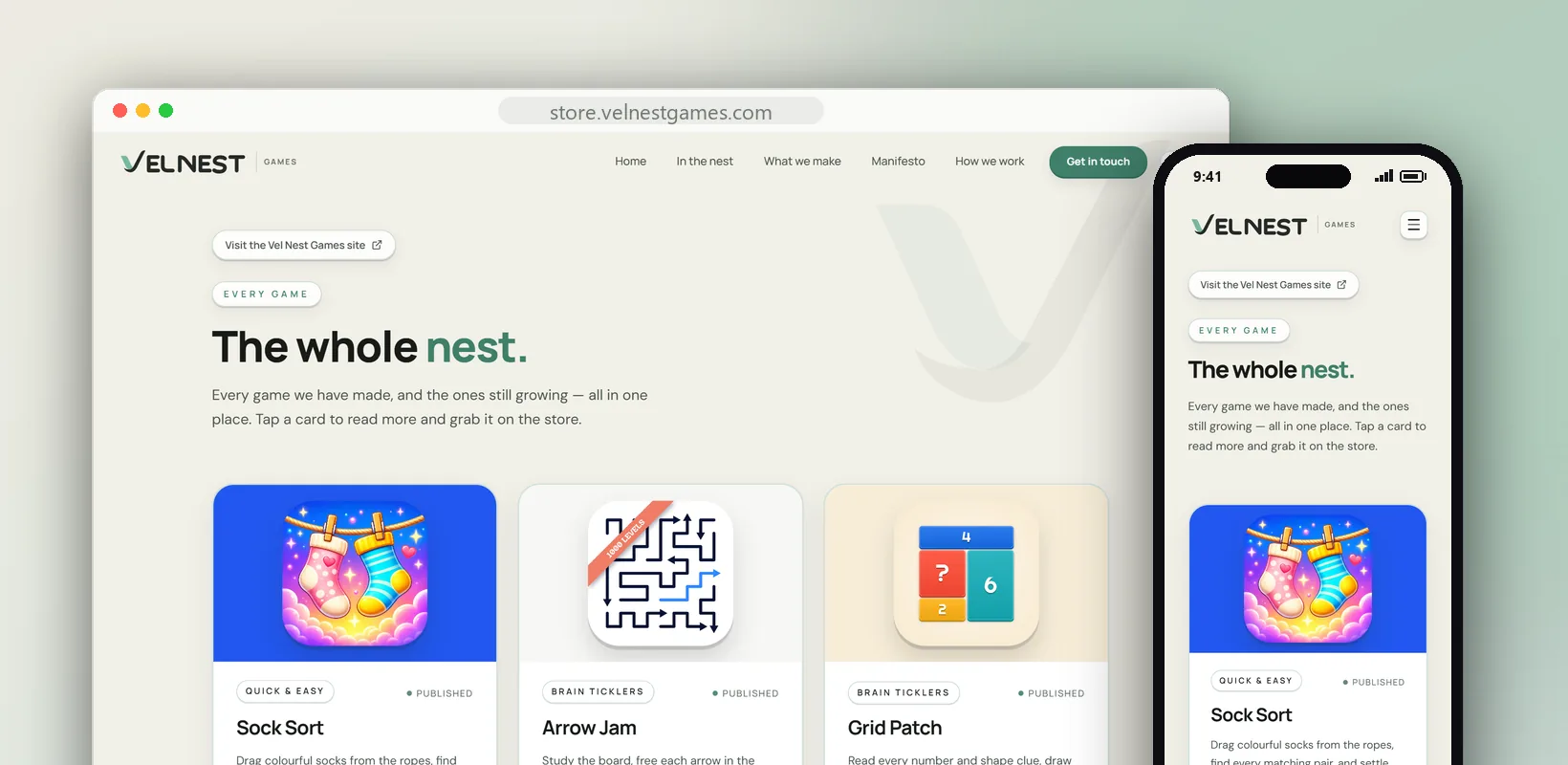 store.velnestgames.com on desktop and on a phone